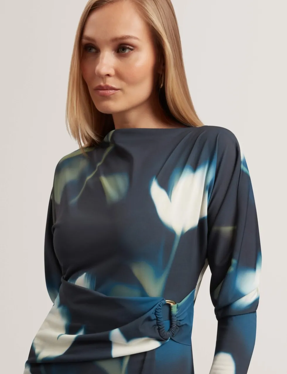Jersey Floral Slash Neck Midi Wrap Dress