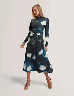 Jersey Floral Slash Neck Midi Wrap Dress