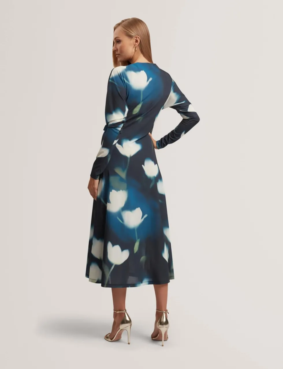 Jersey Floral Slash Neck Midi Wrap Dress