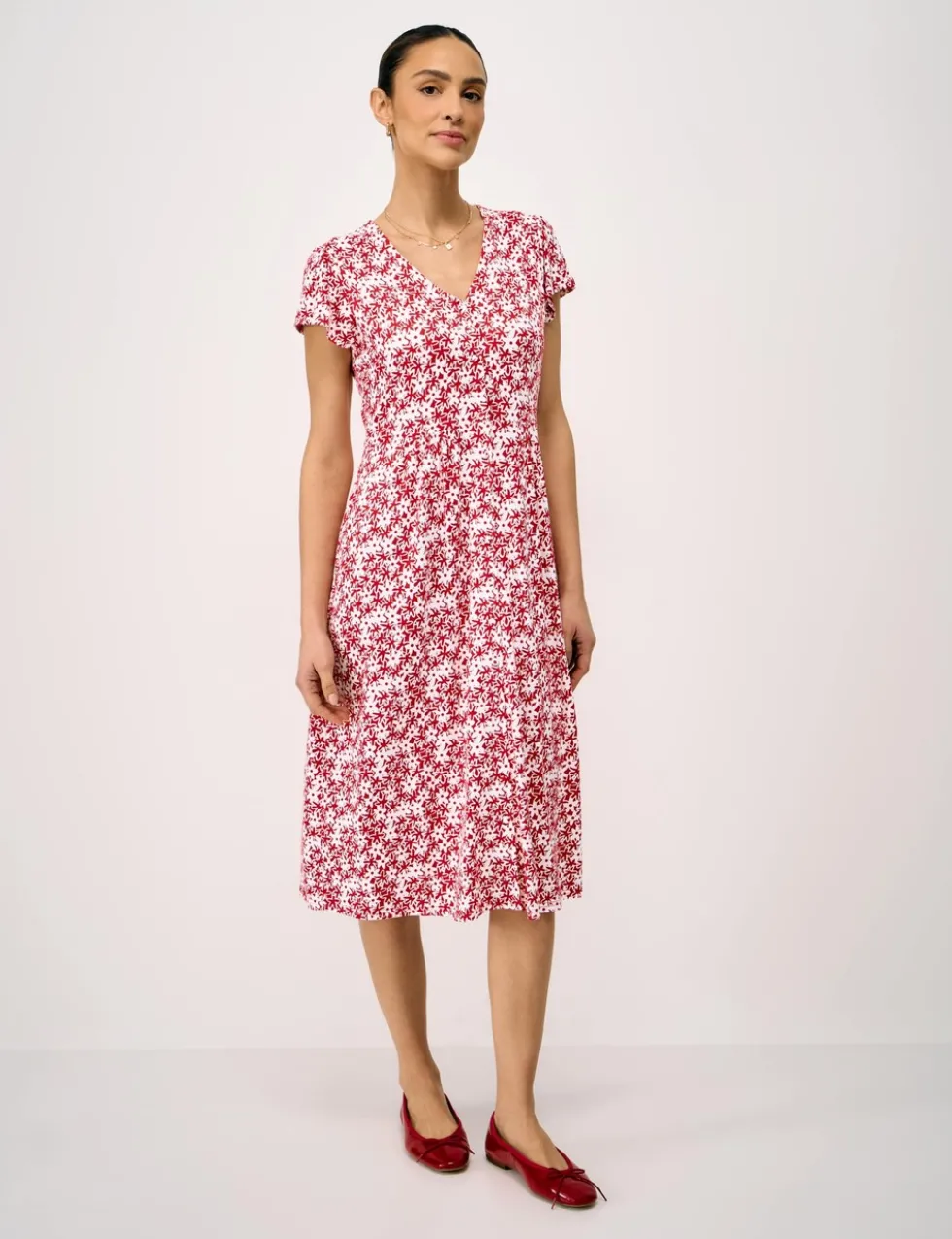 Jersey Floral V-Neck Midi Skater Dress