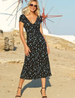 Jersey Floral V-Neck Midi Waisted Dress