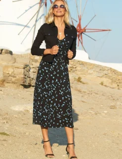 Jersey Floral V-Neck Midi Waisted Dress
