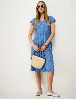 Jersey Floral V-Neck Midi Skater Dress