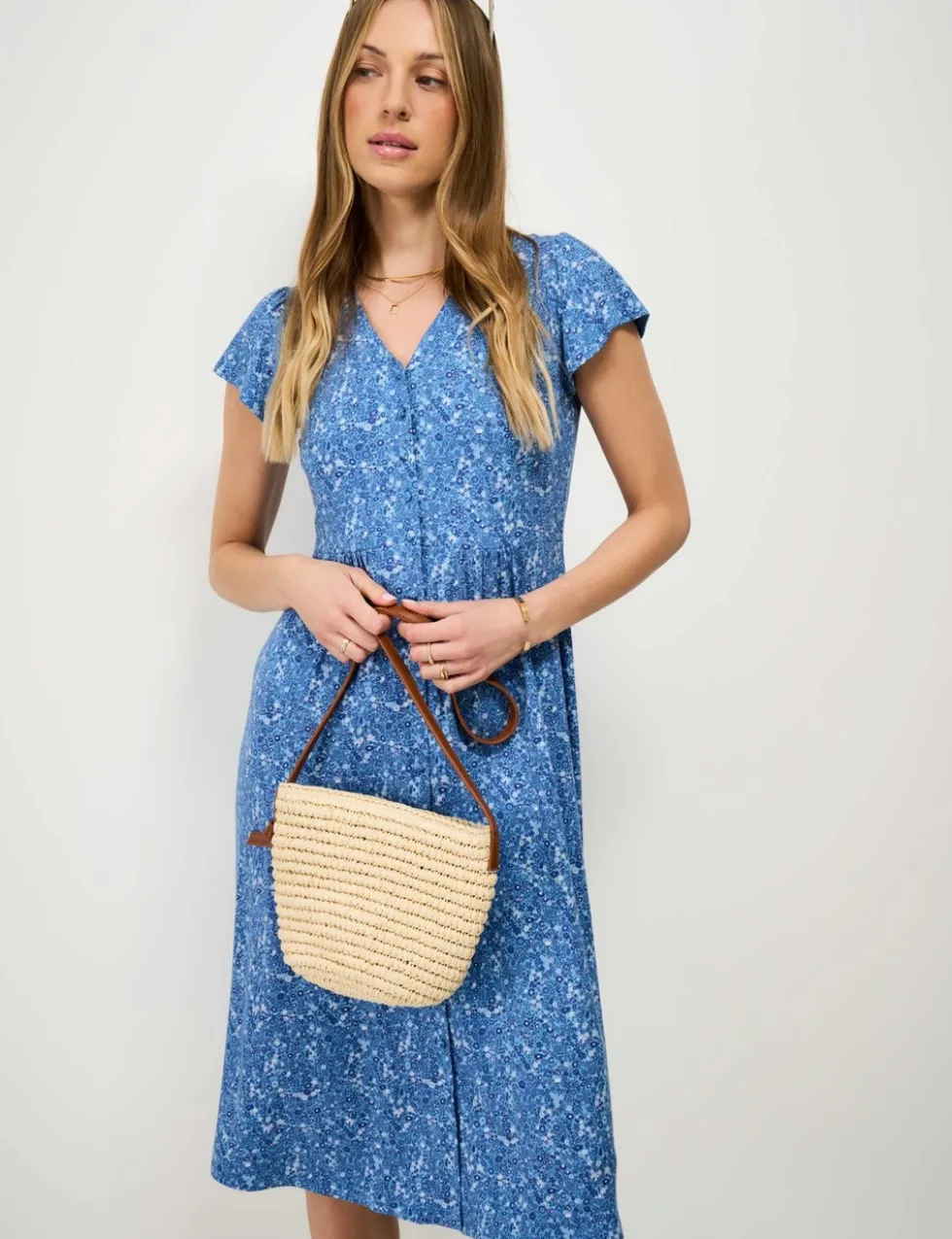 Jersey Floral V-Neck Midi Skater Dress