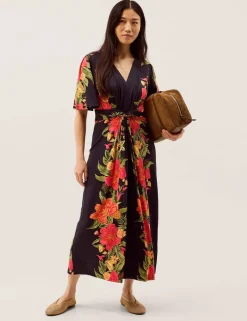 Jersey Floral V-Neck Midi Waisted Dress