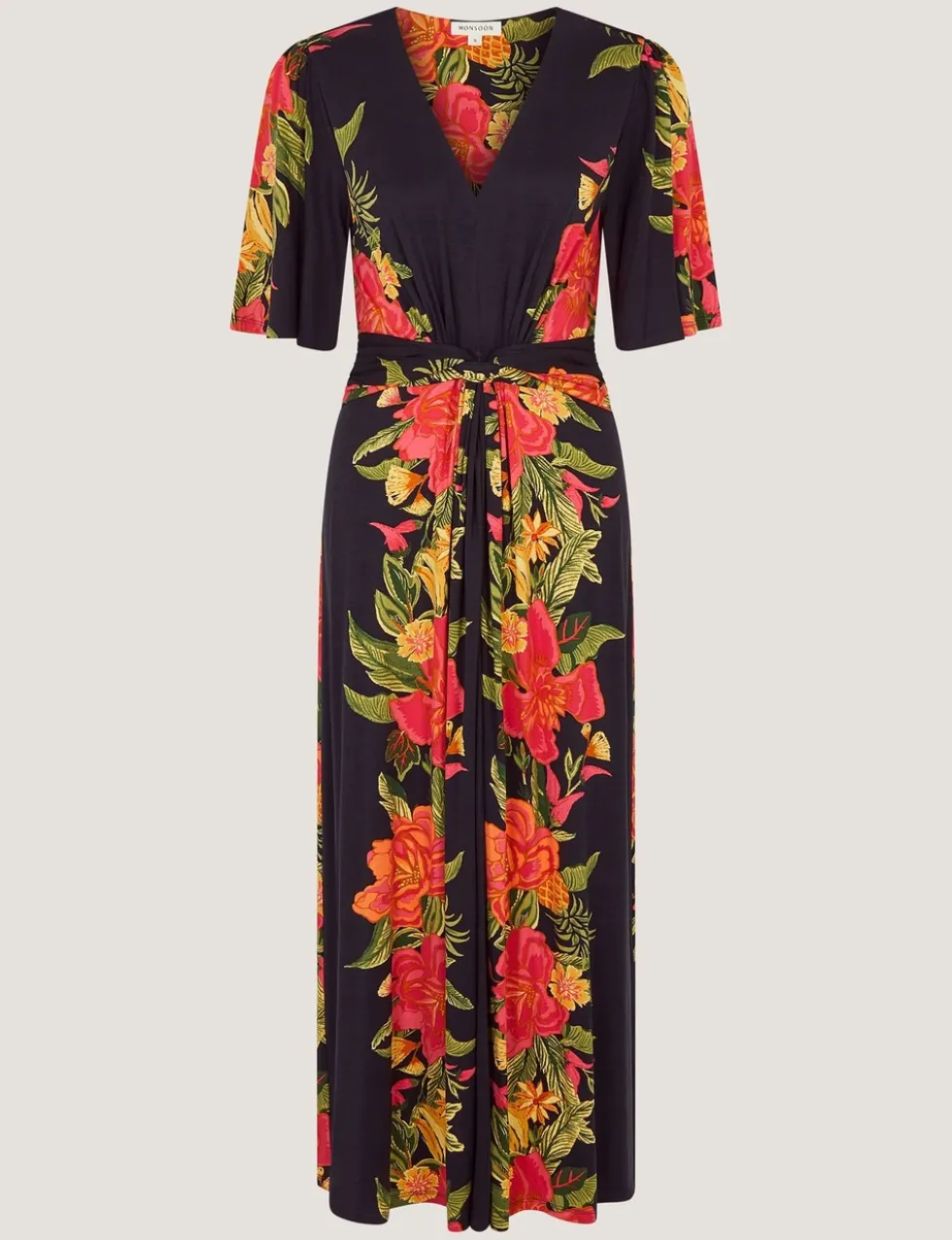 Jersey Floral V-Neck Midi Waisted Dress