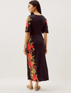 Jersey Floral V-Neck Midi Waisted Dress