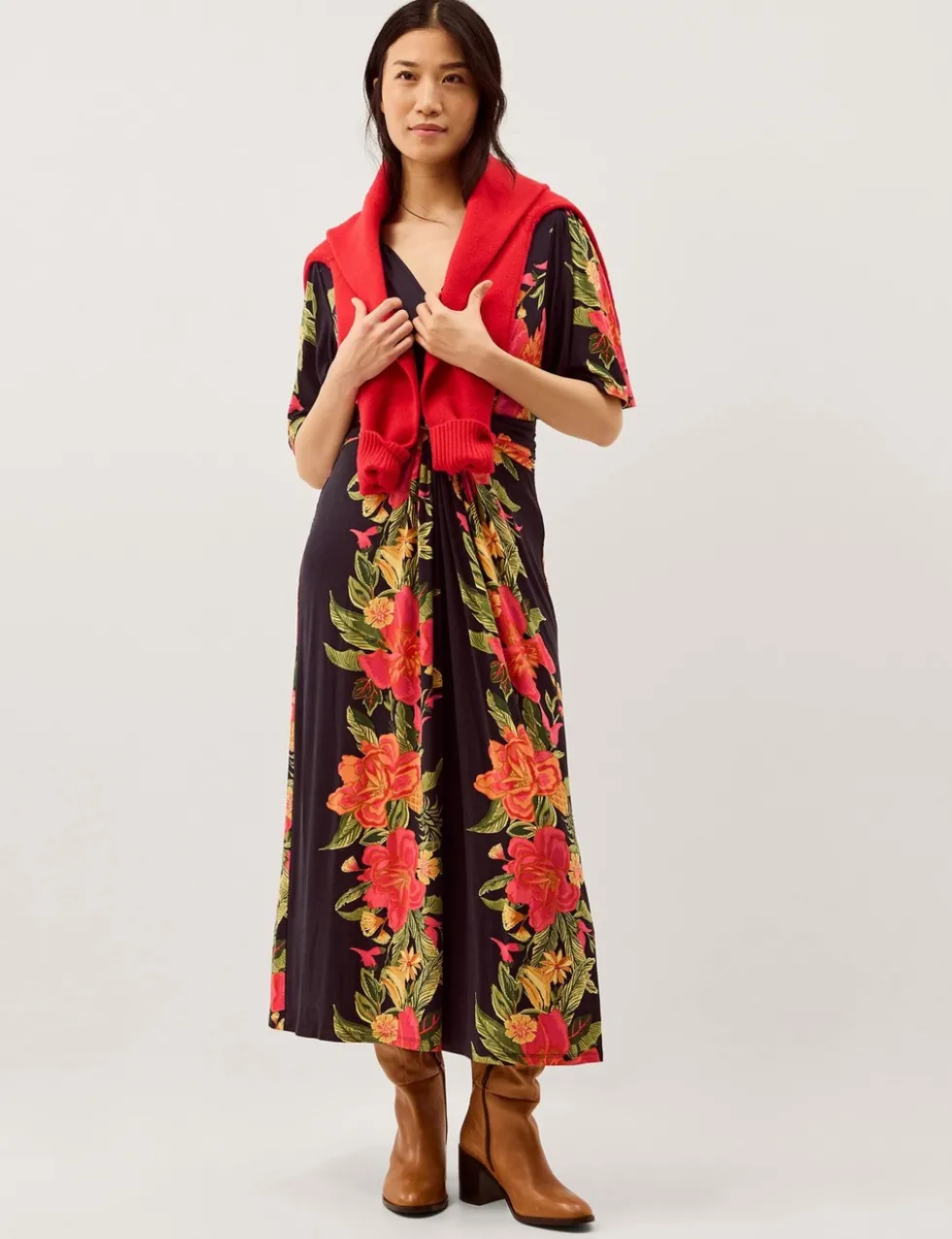Jersey Floral V-Neck Midi Waisted Dress