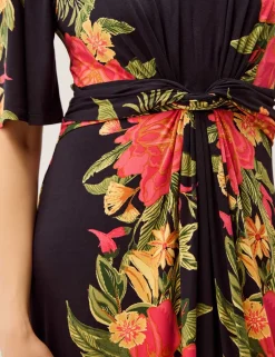 Jersey Floral V-Neck Midi Waisted Dress