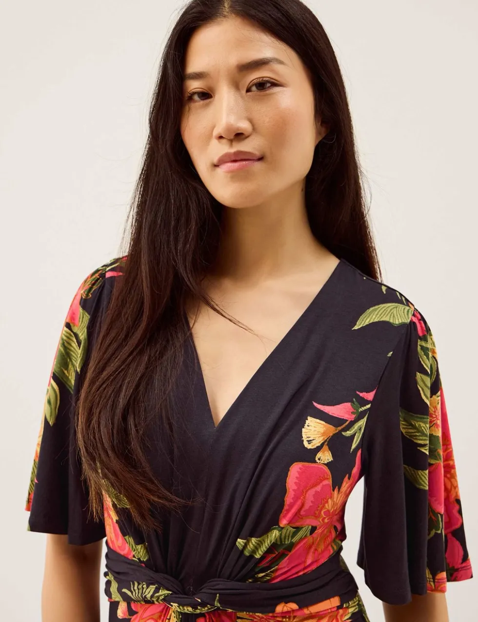 Jersey Floral V-Neck Midi Waisted Dress