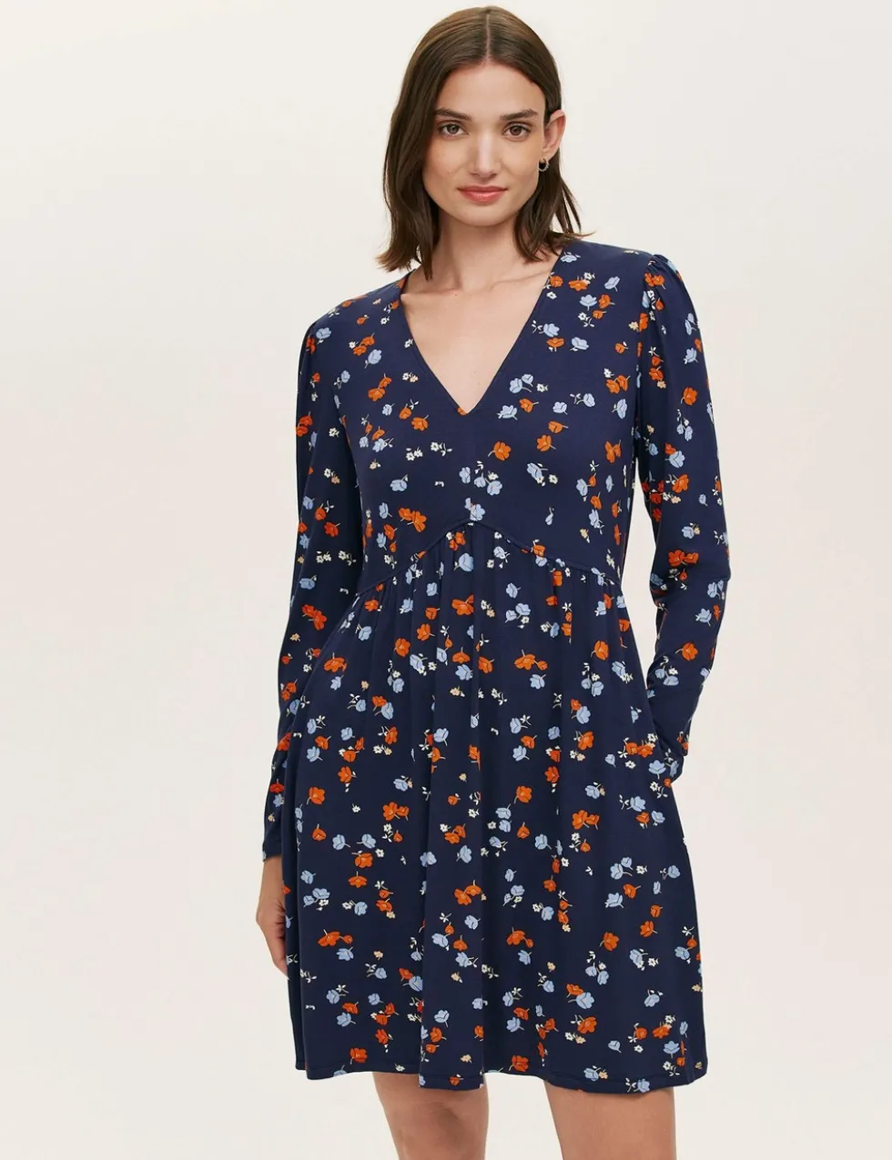 Jersey Floral V-Neck Mini Tea Dress