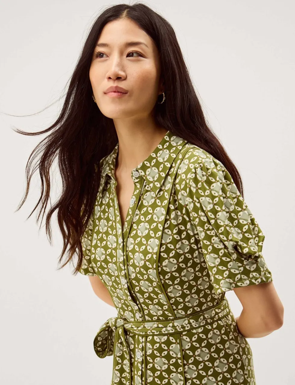 Jersey Geometric Belted Midi Shirt Dress