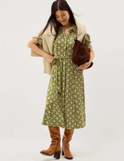 Jersey Geometric Belted Midi Shirt Dress