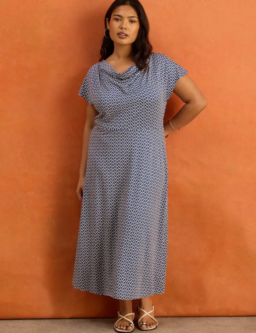 Jersey Geometric Cowl Neck Maxi Skater Dress