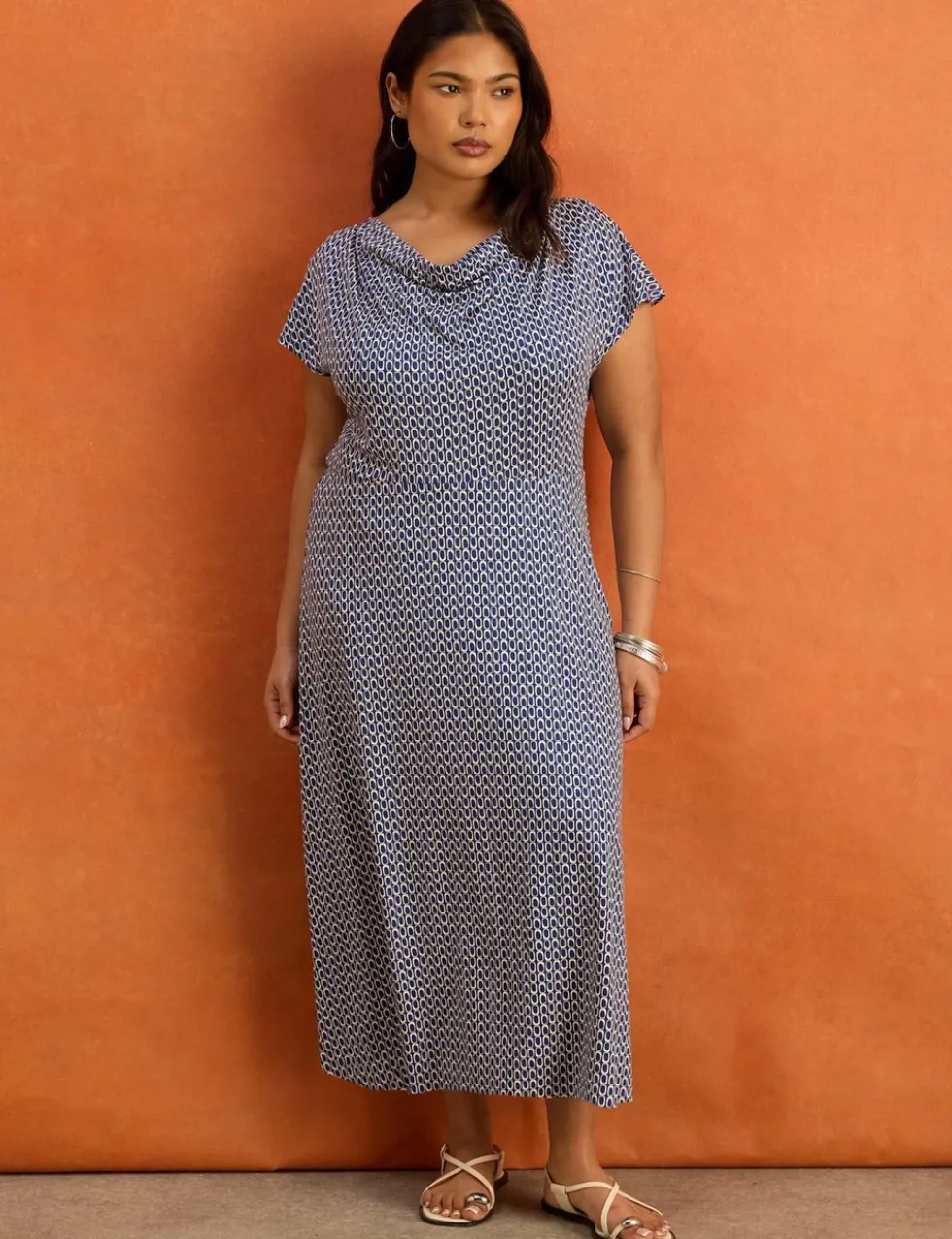 Jersey Geometric Cowl Neck Maxi Skater Dress