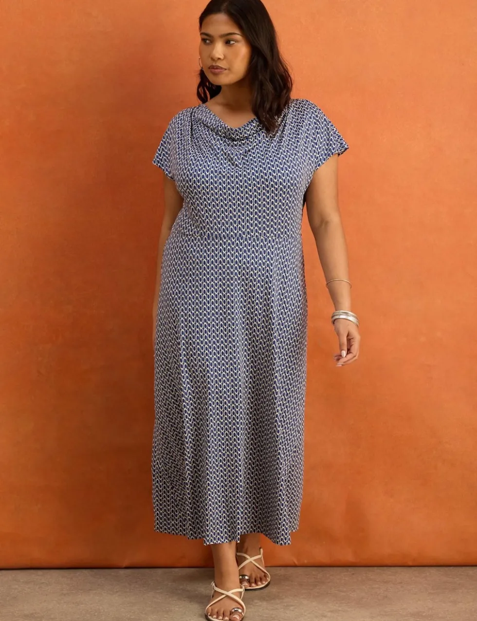 Jersey Geometric Cowl Neck Maxi Skater Dress