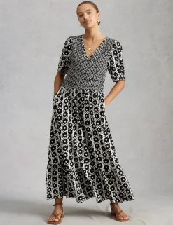 Jersey Geometric Midi Shirred Dress