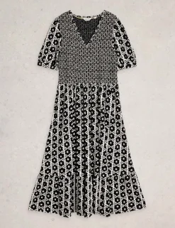 Jersey Geometric Midi Shirred Dress