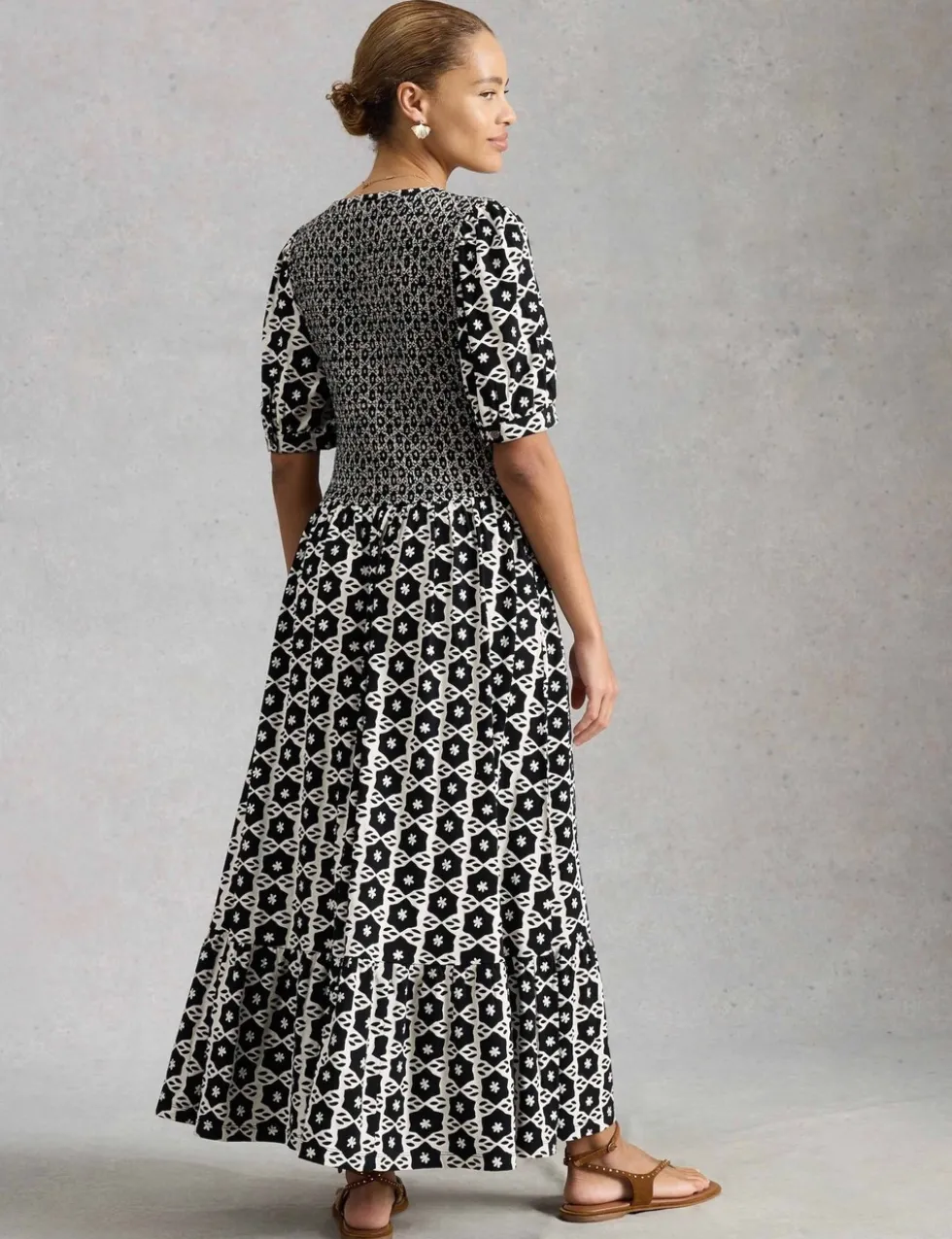 Jersey Geometric Midi Shirred Dress