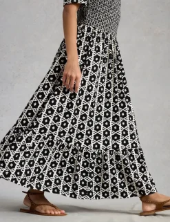 Jersey Geometric Midi Shirred Dress