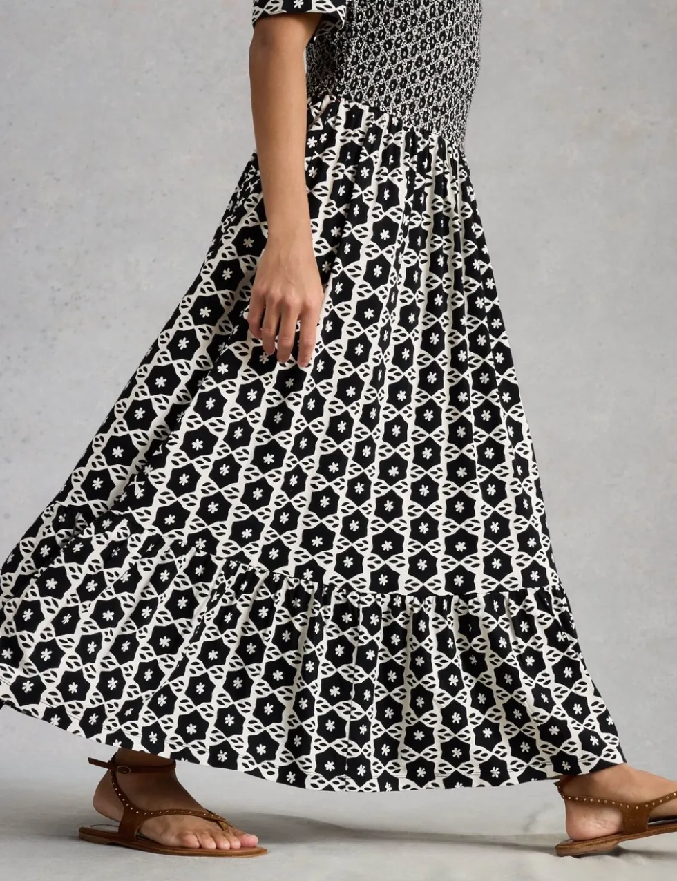 Jersey Geometric Midi Shirred Dress