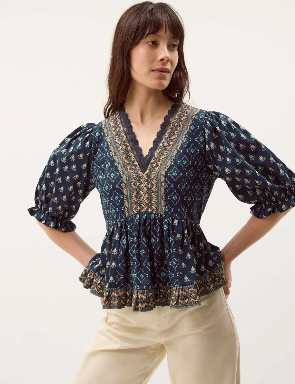 Jersey Geometric V-Neck Blouse