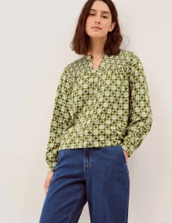 Jersey Geometric V-Neck Button Through Blouse