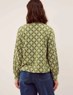 Jersey Geometric V-Neck Button Through Blouse