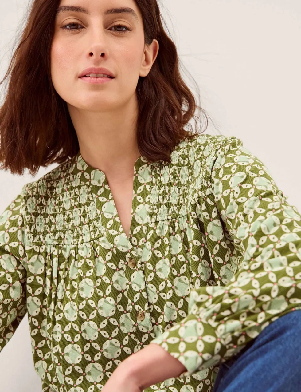 Jersey Geometric V-Neck Button Through Blouse