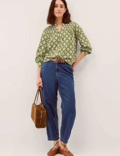 Jersey Geometric V-Neck Button Through Blouse