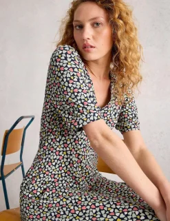 Jersey Heart Print V-Neck Midi Tea Dress