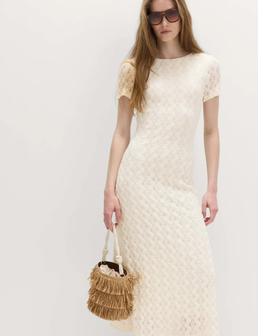 Jersey Lace Round Neck Midi Column Dress