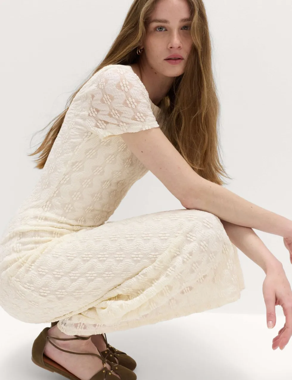 Jersey Lace Round Neck Midi Column Dress