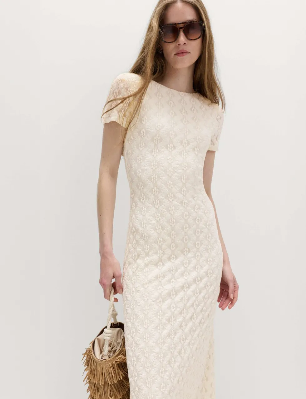 Jersey Lace Round Neck Midi Column Dress