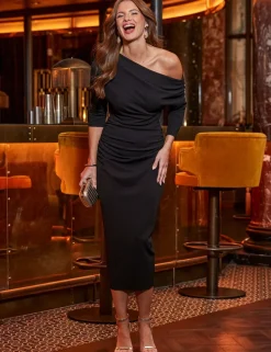 Jersey One Shoulder Ruched Midi Bodycon Dress