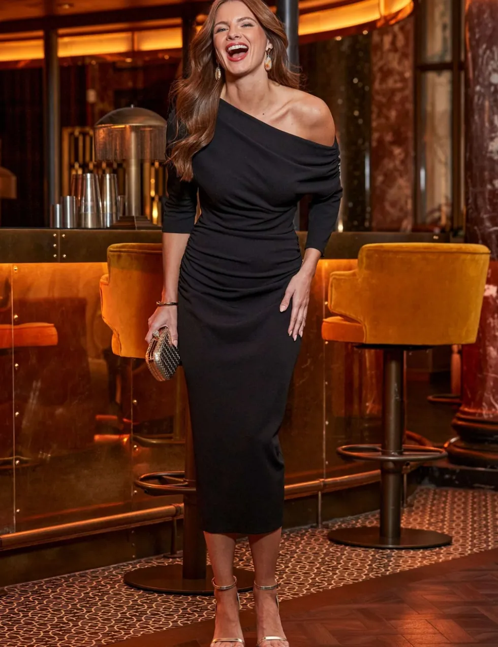 Jersey One Shoulder Ruched Midi Bodycon Dress