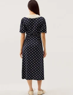 Jersey Polka Dot Collared Midi Shirt Dress