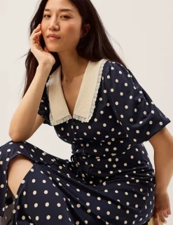 Jersey Polka Dot Collared Midi Shirt Dress