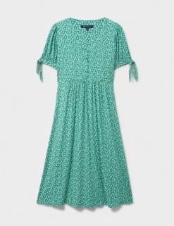 Jersey Polka Dot V-Neck Tie Cuff Tea Dress