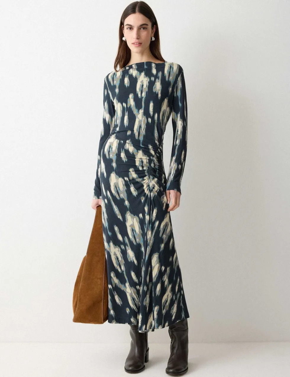 Jersey Printed Ruched Midi Column Dress