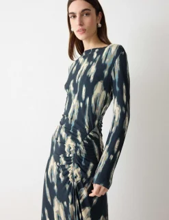 Jersey Printed Ruched Midi Column Dress