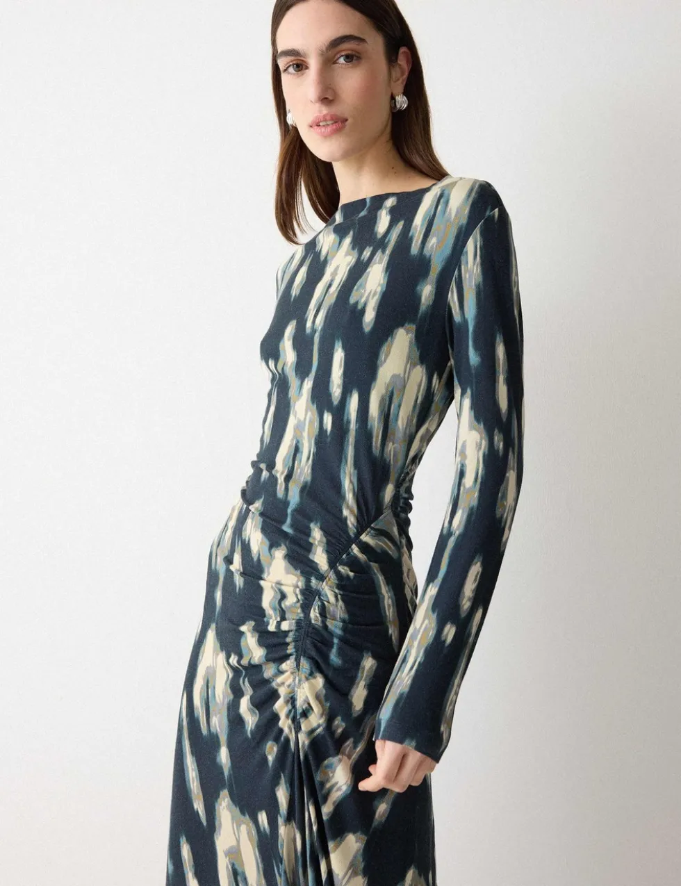 Jersey Printed Ruched Midi Column Dress