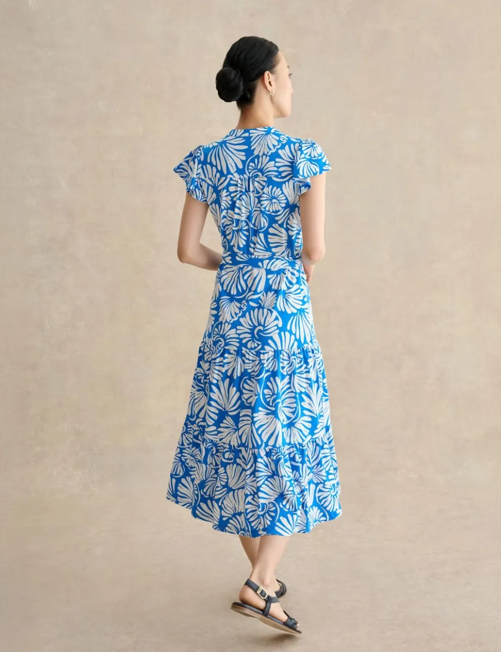 Jersey Printed V-Neck Midi Tiered Dress