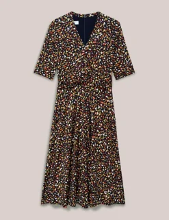 Jersey Printed V-Neck Midi Skater Dress