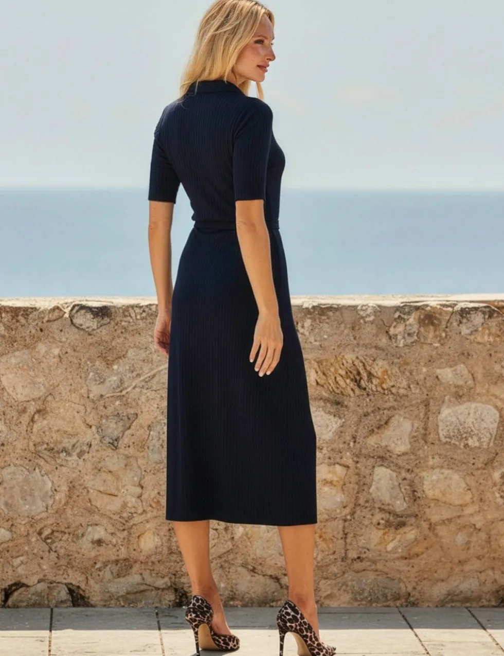 Jersey Ribbed Belted Midi Shirt Dress