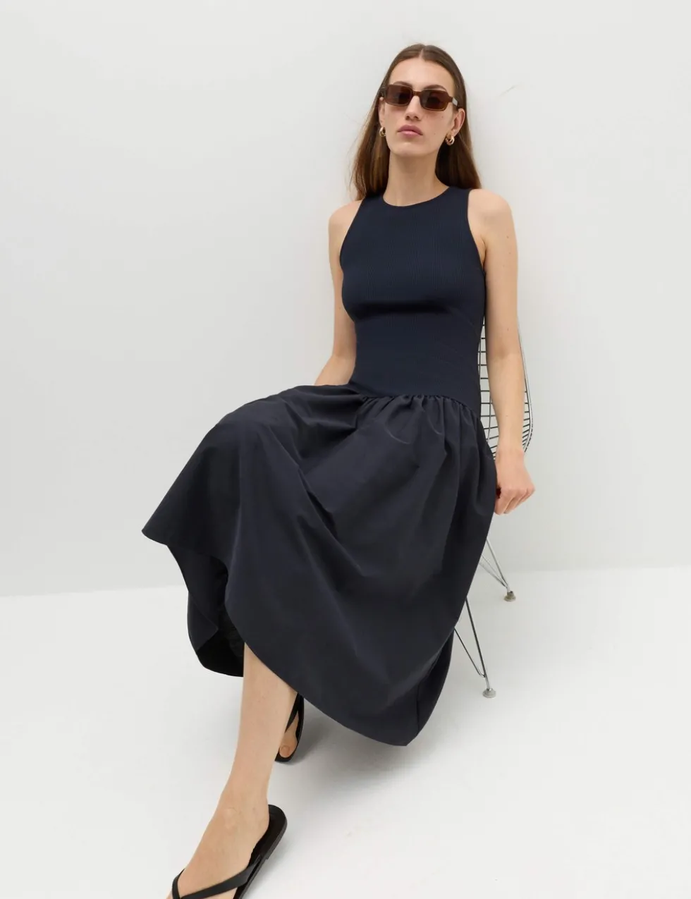 Jersey Ribbed Midi Drop Waist Dress