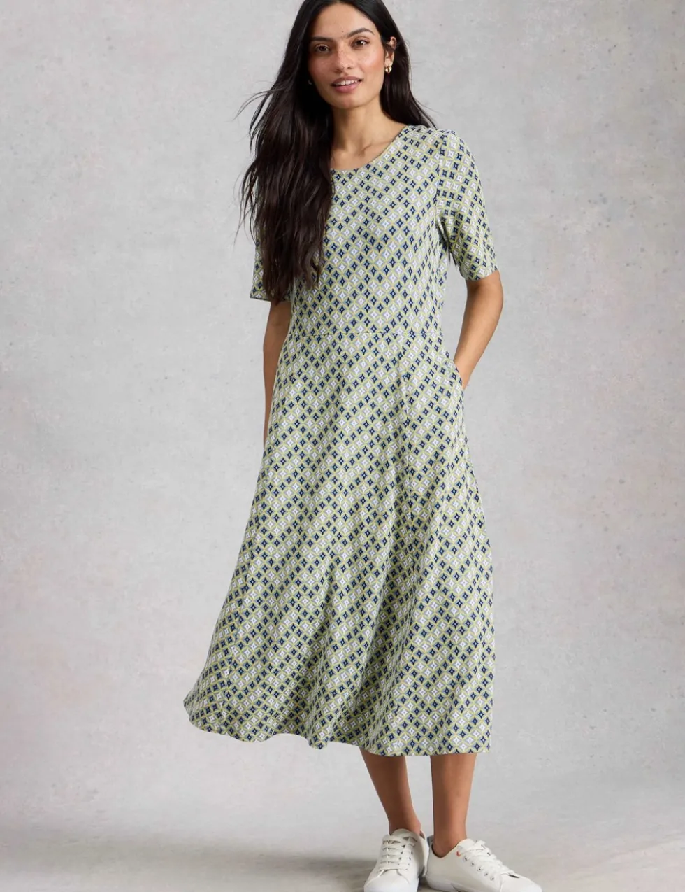 Jersey Round Neck Waisted Midi Dress