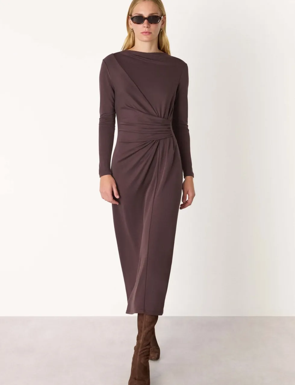 Jersey Ruched Midi Waisted Dress