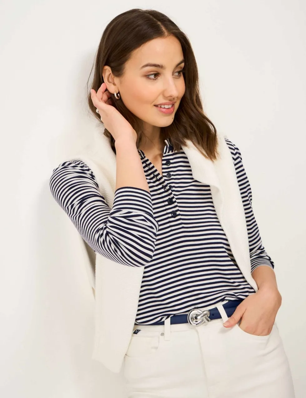 Jersey Striped Frill Neck Blouse