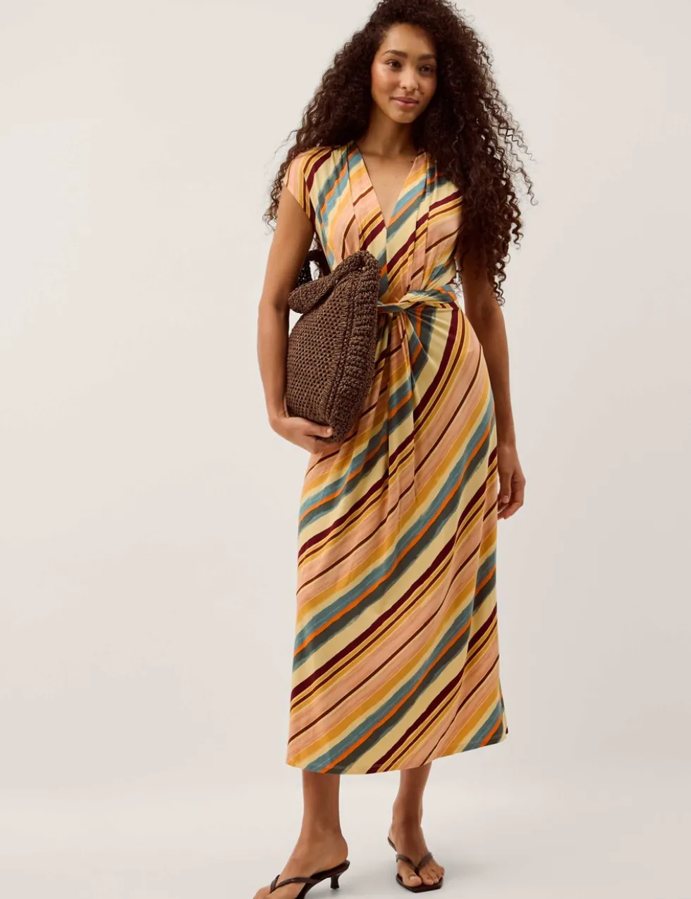 Jersey Striped V-Neck Midi Waisted Dress